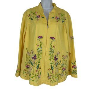 Quacker Factory Yellow Embroidered Floral Long Sleeve Zip-Up Jacket Size 1X